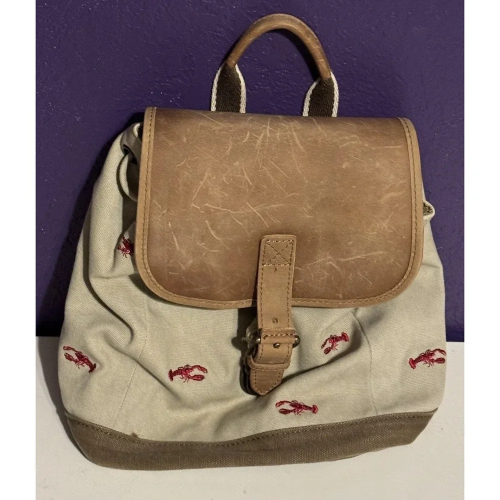 Vintage LL Bean Boat & Tote Backpack Bag Lobster Leather Canvas Hunt Fish Rare
